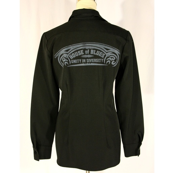 House of Blues Themed Women's Black Button Down Long Sleeve Shirt Blouse - Med L - Picture 1 of 6